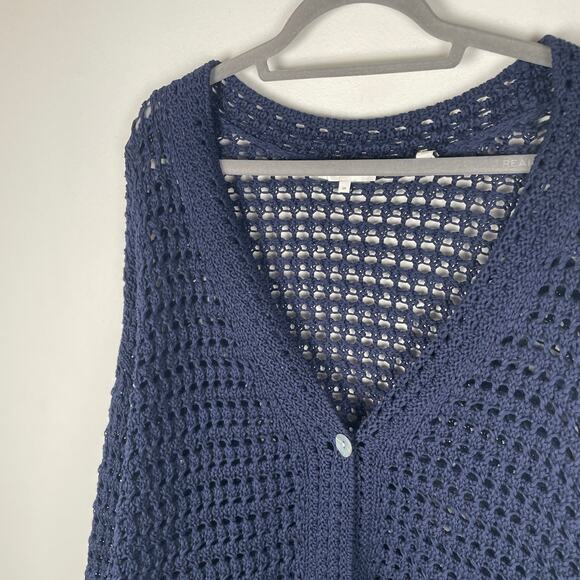 VINCE Crochet Cardigan Sweater Womens 3X Navy Blue Organic Cotton Button Front - Picture 14 of 16